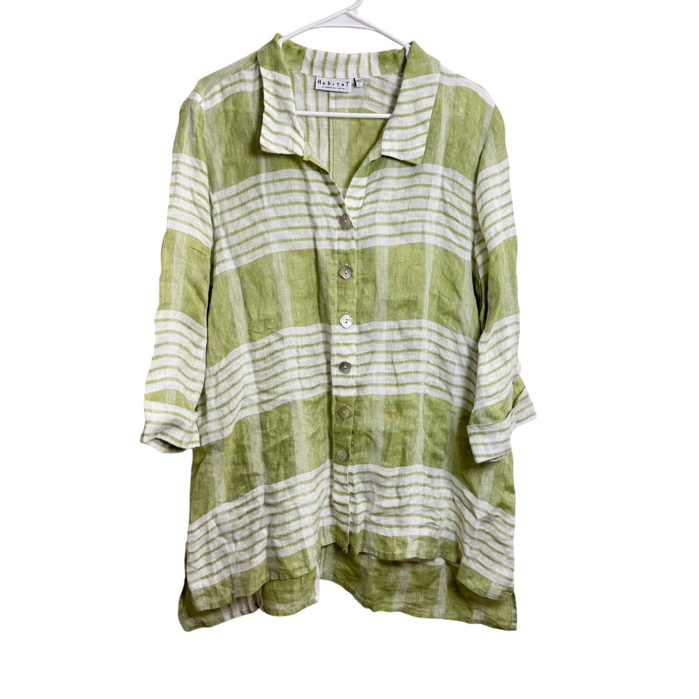 Habitat Womens Size L 100% Linen Striped Button Down Shirt Green White Relaxed